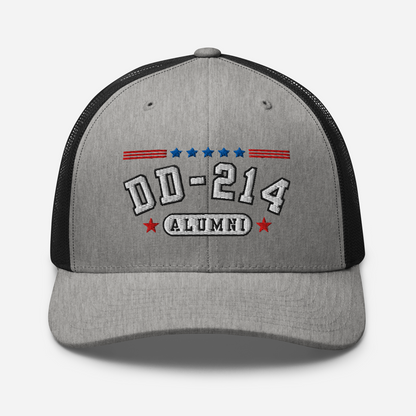 DD-214 Alumni Snapback Trucker Cap - White Embroidery, Celebrate Your Military Journey!