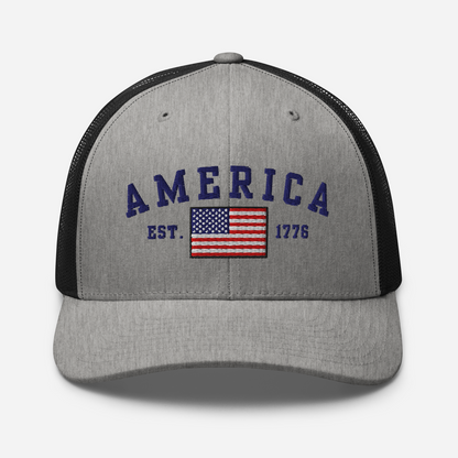 America Est. 1776 Trucker Hat – Blue Embroidery, Patriotic Cap for Proud Americans, Perfect Gift for Freedom Lovers