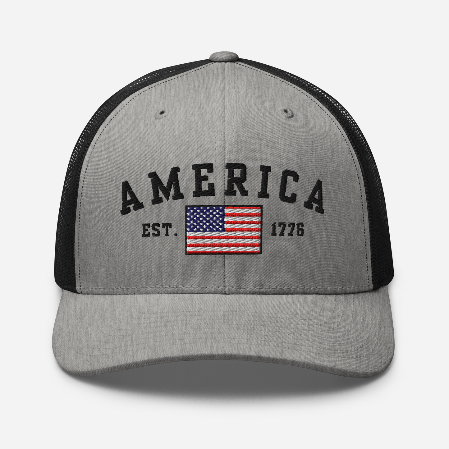 America Est. 1776 Trucker Hat – Black Embroidery, Patriotic Cap for Proud Americans, Perfect Gift for Freedom Lovers