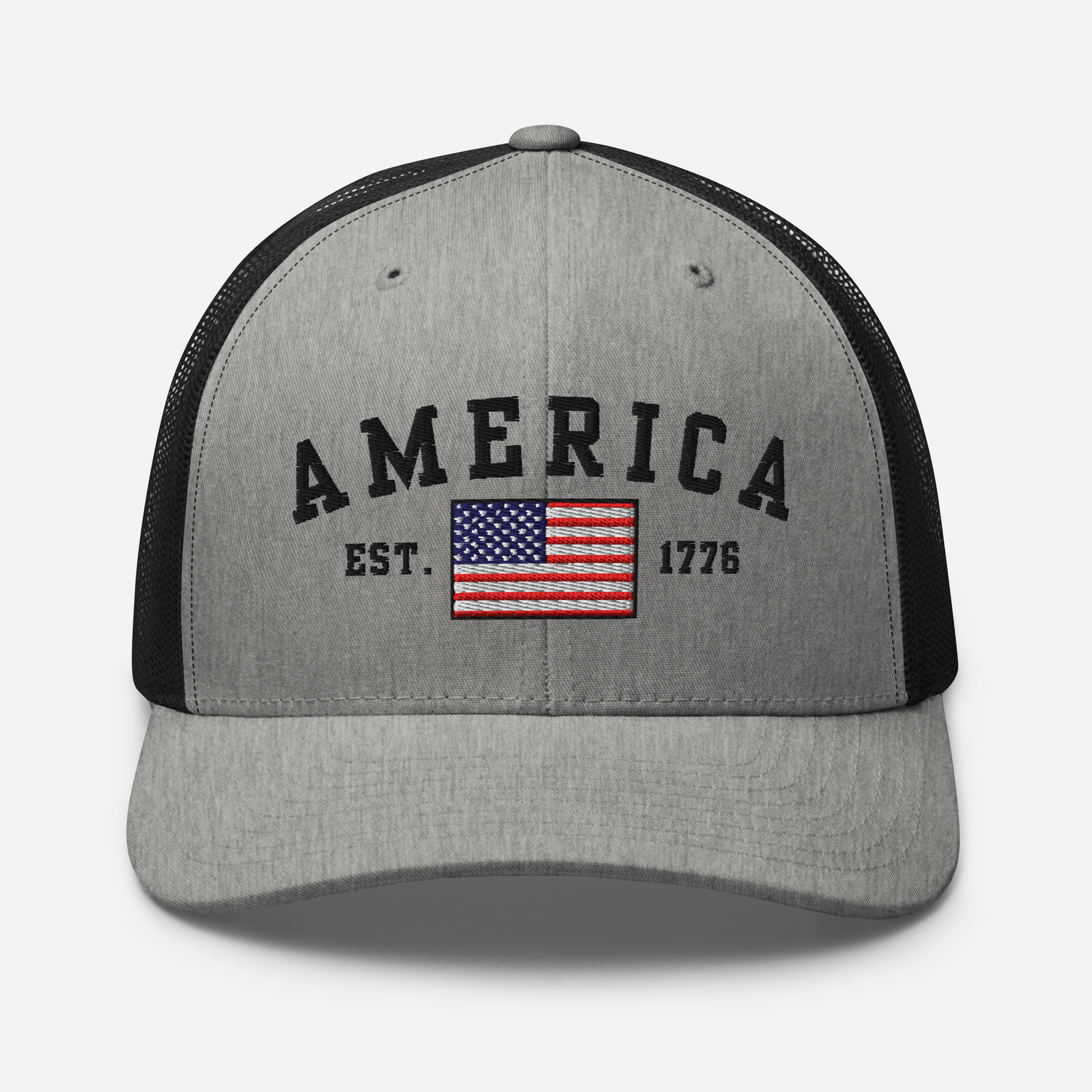 America Est. 1776 Trucker Hat – Black Embroidery, Patriotic Cap for Proud Americans, Perfect Gift for Freedom Lovers