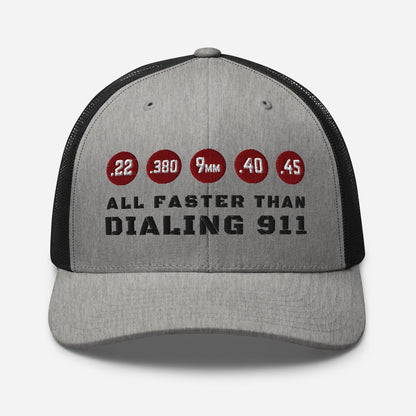Humorous Snapback Trucker Cap - "All Faster Than Dialing 911"