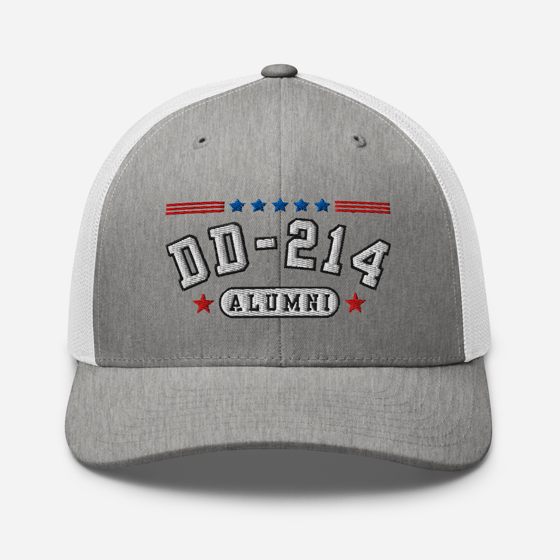 DD-214 Alumni Snapback Trucker Cap - White Embroidery, Celebrate Your Military Journey!