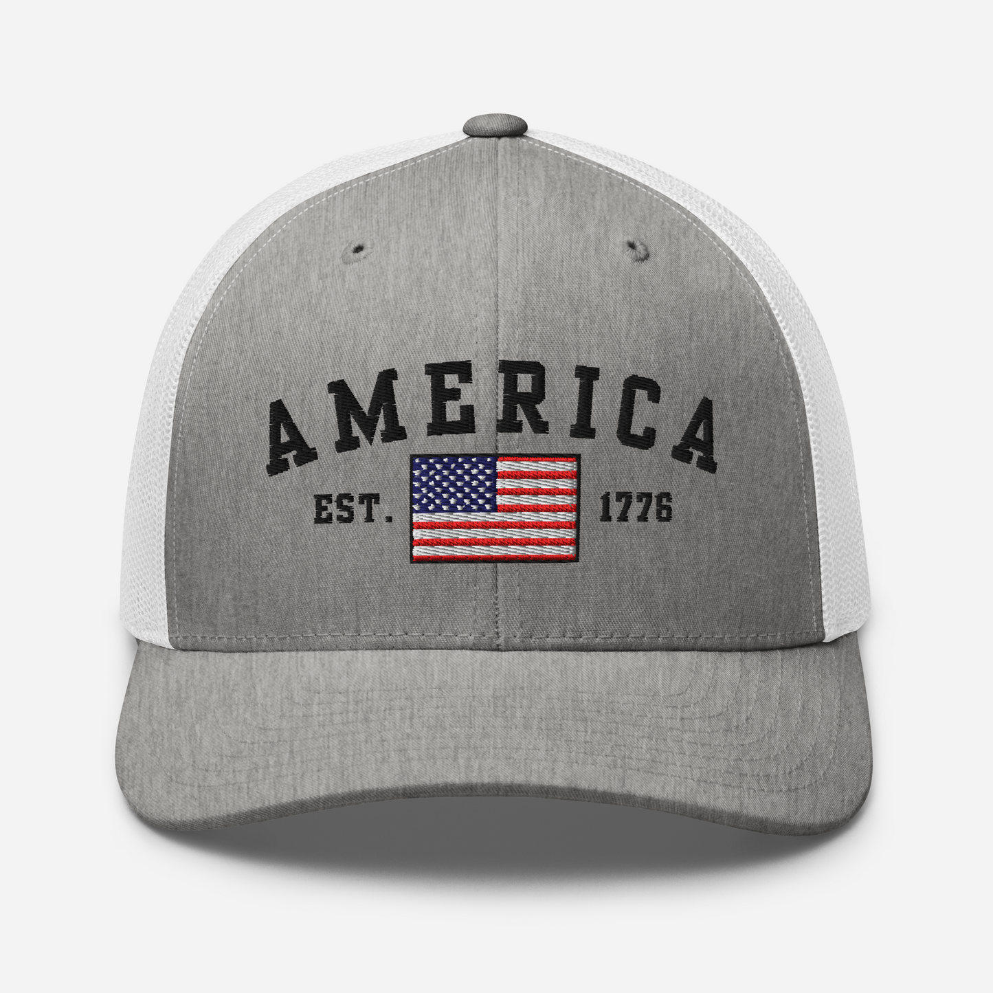 America Est. 1776 Trucker Hat – Black Embroidery, Patriotic Cap for Proud Americans, Perfect Gift for Freedom Lovers