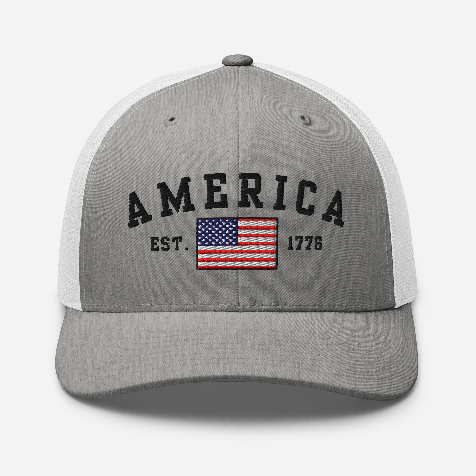 America Est. 1776 Trucker Hat – Black Embroidery, Patriotic Cap for Proud Americans, Perfect Gift for Freedom Lovers