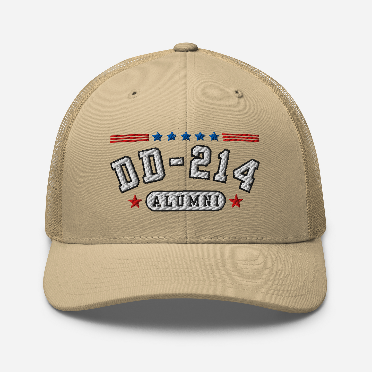 DD-214 Alumni Snapback Trucker Cap - White Embroidery, Celebrate Your Military Journey!