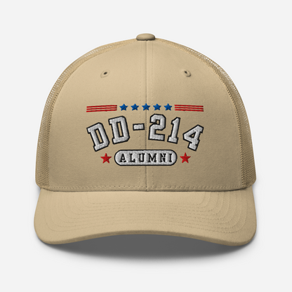 DD-214 Alumni Snapback Trucker Cap - White Embroidery, Celebrate Your Military Journey!