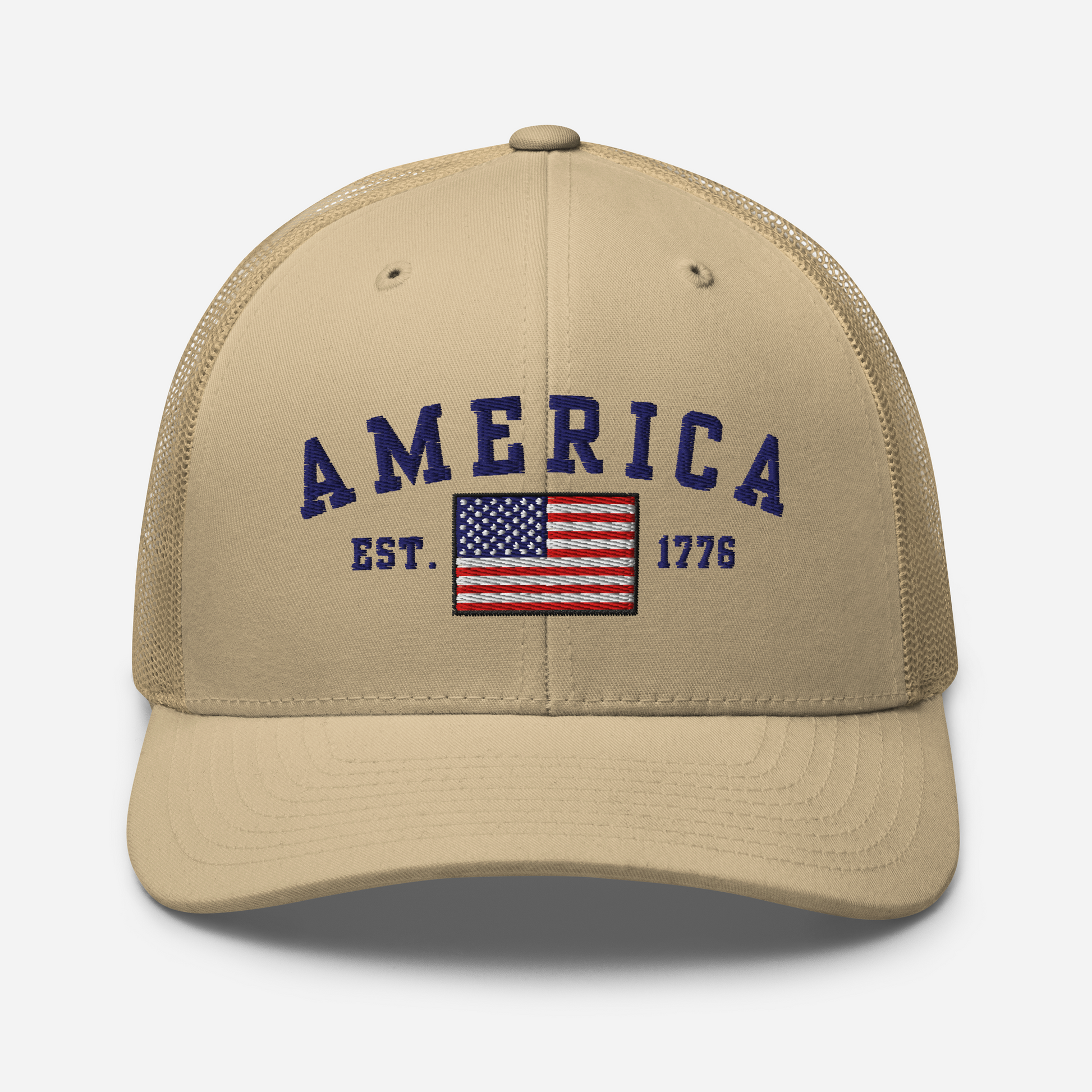 America Est. 1776 Trucker Hat – Blue Embroidery, Patriotic Cap for Proud Americans, Perfect Gift for Freedom Lovers