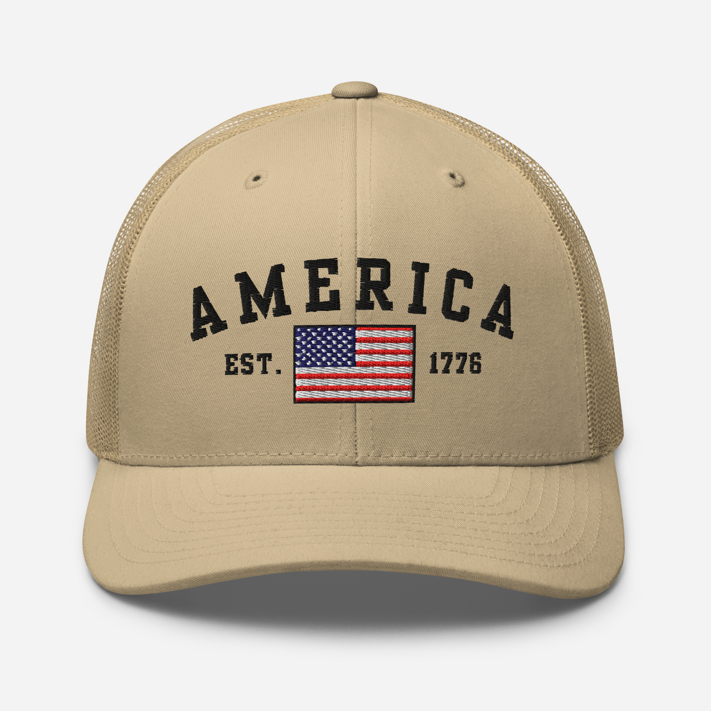 America Est. 1776 Trucker Hat – Black Embroidery, Patriotic Cap for Proud Americans, Perfect Gift for Freedom Lovers