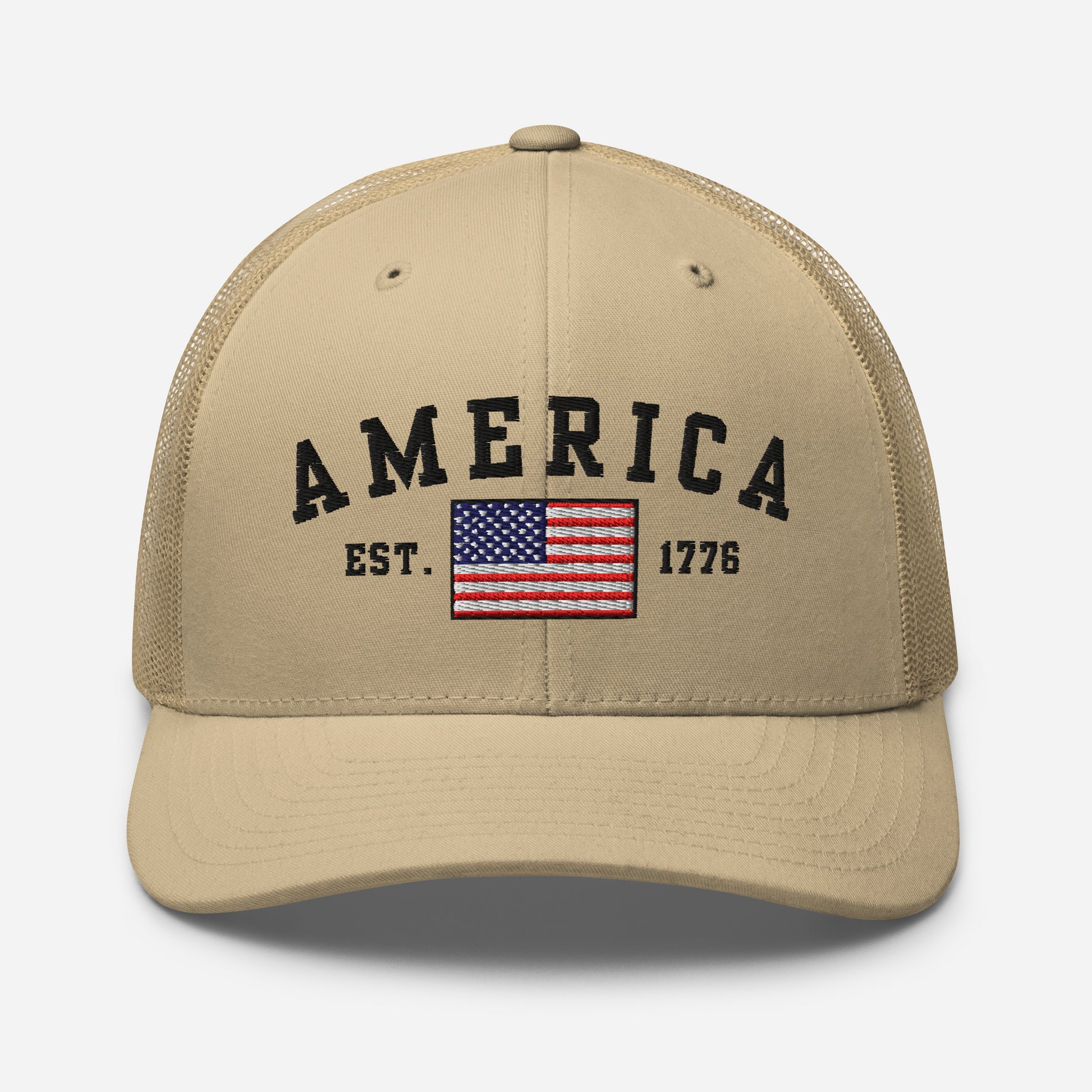 America Est. 1776 Trucker Hat – Black Embroidery, Patriotic Cap for Proud Americans, Perfect Gift for Freedom Lovers