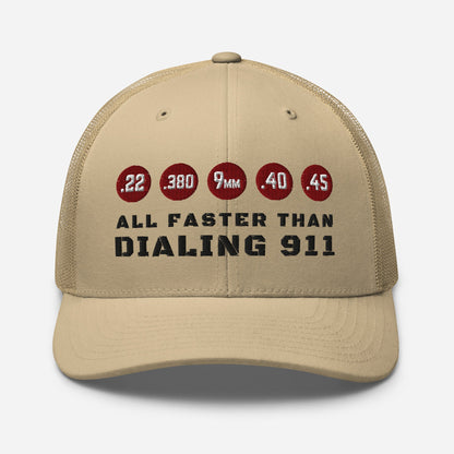 Humorous Snapback Trucker Cap - "All Faster Than Dialing 911"