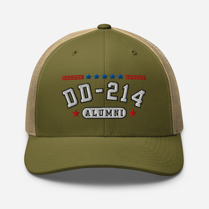 DD-214 Alumni Snapback Trucker Cap - White Embroidery, Celebrate Your Military Journey!
