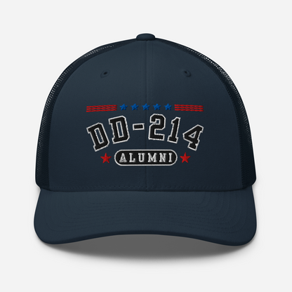 DD-214 Alumni Snapback Trucker Cap - Black Embroidery, Celebrate Your Military Journey!