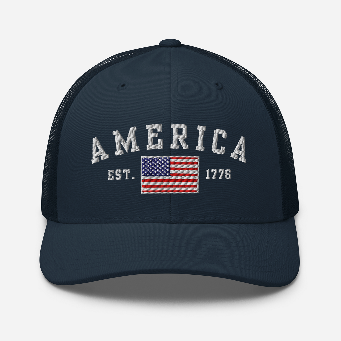 America Est. 1776 Trucker Hat – White Embroidery, Patriotic Cap for Proud Americans, Perfect Gift for Freedom Lovers