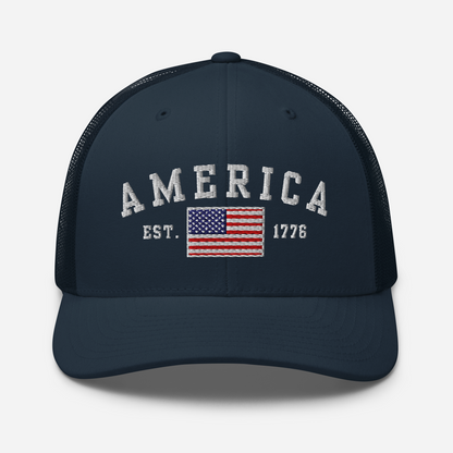America Est. 1776 Trucker Hat – White Embroidery, Patriotic Cap for Proud Americans, Perfect Gift for Freedom Lovers