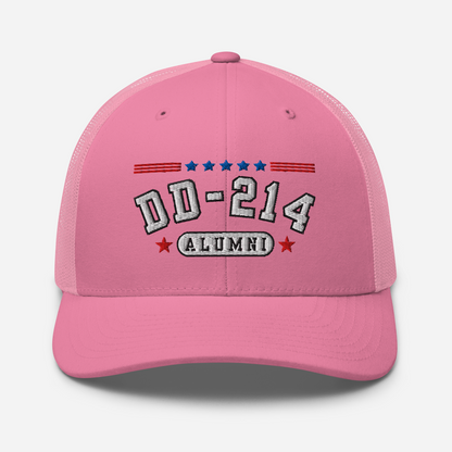 DD-214 Alumni Snapback Trucker Cap - White Embroidery, Celebrate Your Military Journey!