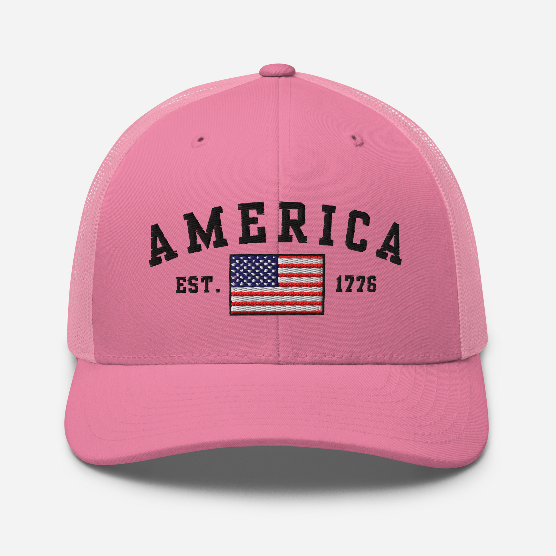 America Est. 1776 Trucker Hat – Black Embroidery, Patriotic Cap for Proud Americans, Perfect Gift for Freedom Lovers