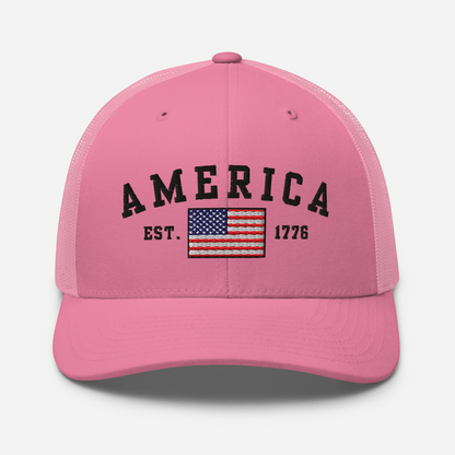 America Est. 1776 Trucker Hat – Black Embroidery, Patriotic Cap for Proud Americans, Perfect Gift for Freedom Lovers
