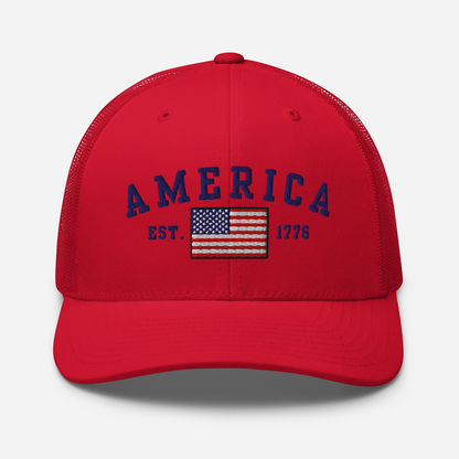 America Est. 1776 Trucker Hat – Blue Embroidery, Patriotic Cap for Proud Americans, Perfect Gift for Freedom Lovers