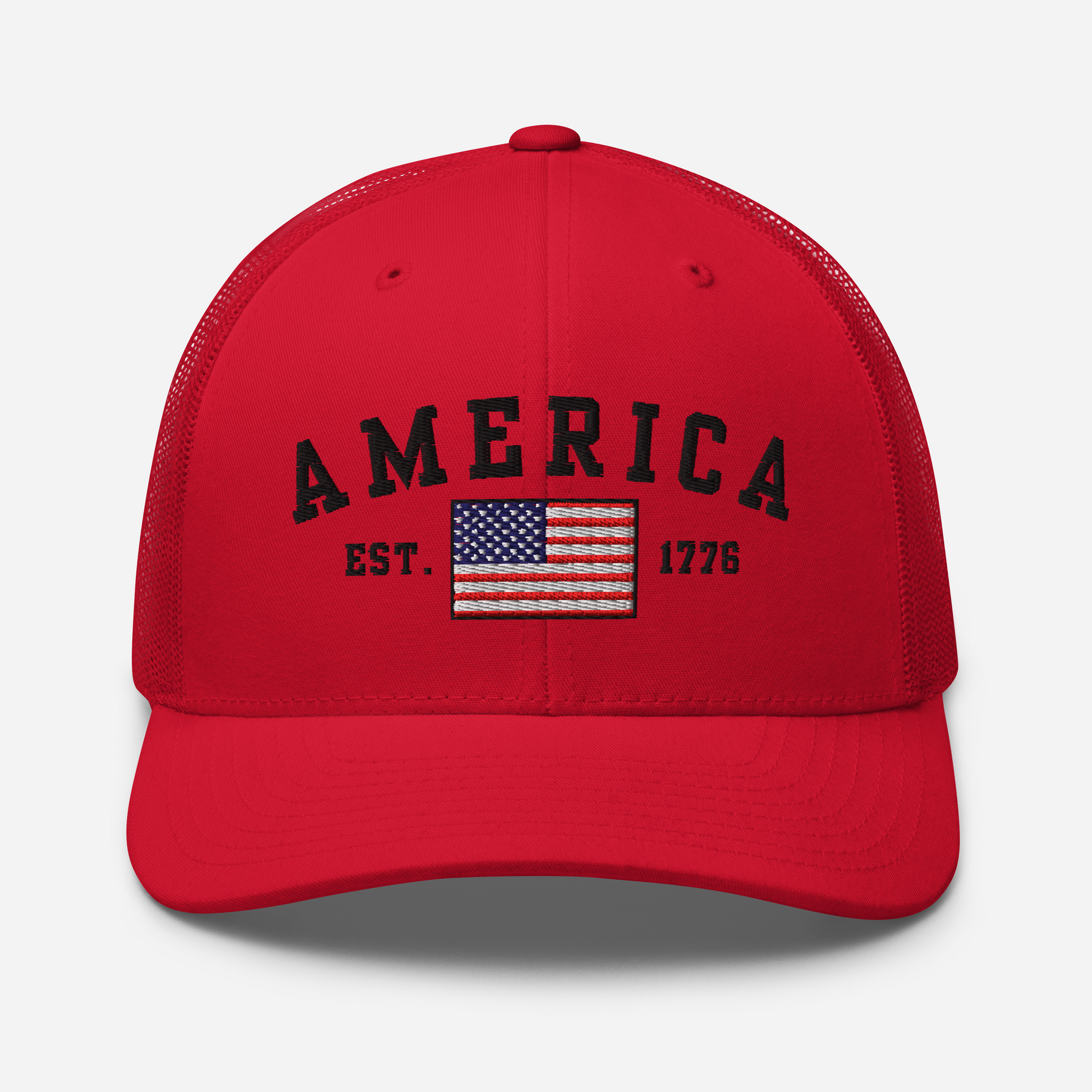 America Est. 1776 Trucker Hat – Black Embroidery, Patriotic Cap for Proud Americans, Perfect Gift for Freedom Lovers