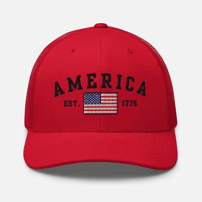 America Est. 1776 Trucker Hat – Black Embroidery, Patriotic Cap for Proud Americans, Perfect Gift for Freedom Lovers