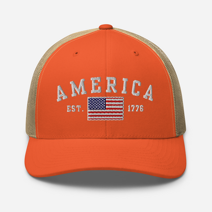 America Est. 1776 Trucker Hat – White Embroidery, Patriotic Cap for Proud Americans, Perfect Gift for Freedom Lovers