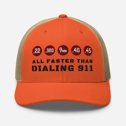 Humorous Snapback Trucker Cap - "All Faster Than Dialing 911"