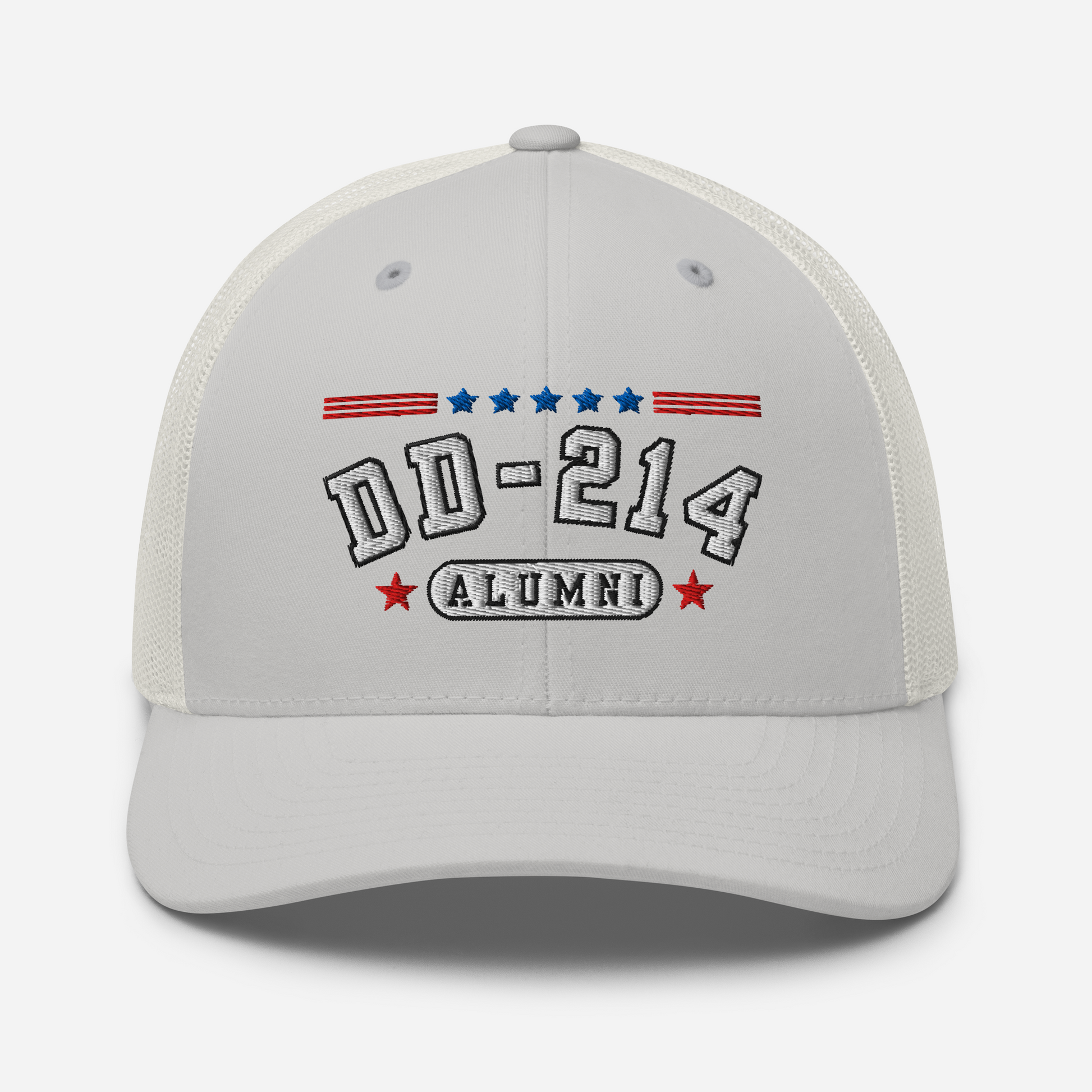 DD-214 Alumni Snapback Trucker Cap - White Embroidery, Celebrate Your Military Journey!