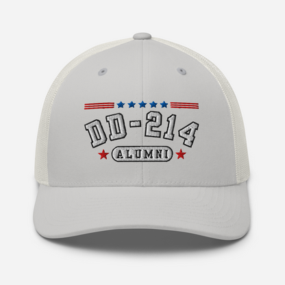 DD-214 Alumni Snapback Trucker Cap - White Embroidery, Celebrate Your Military Journey!