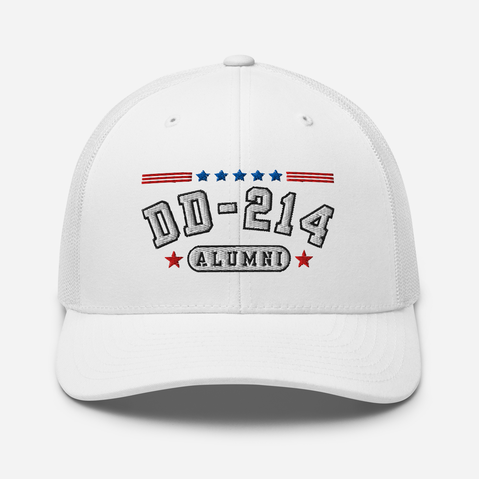 DD-214 Alumni Snapback Trucker Cap - White Embroidery, Celebrate Your Military Journey!