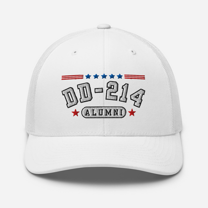 DD-214 Alumni Snapback Trucker Cap - White Embroidery, Celebrate Your Military Journey!