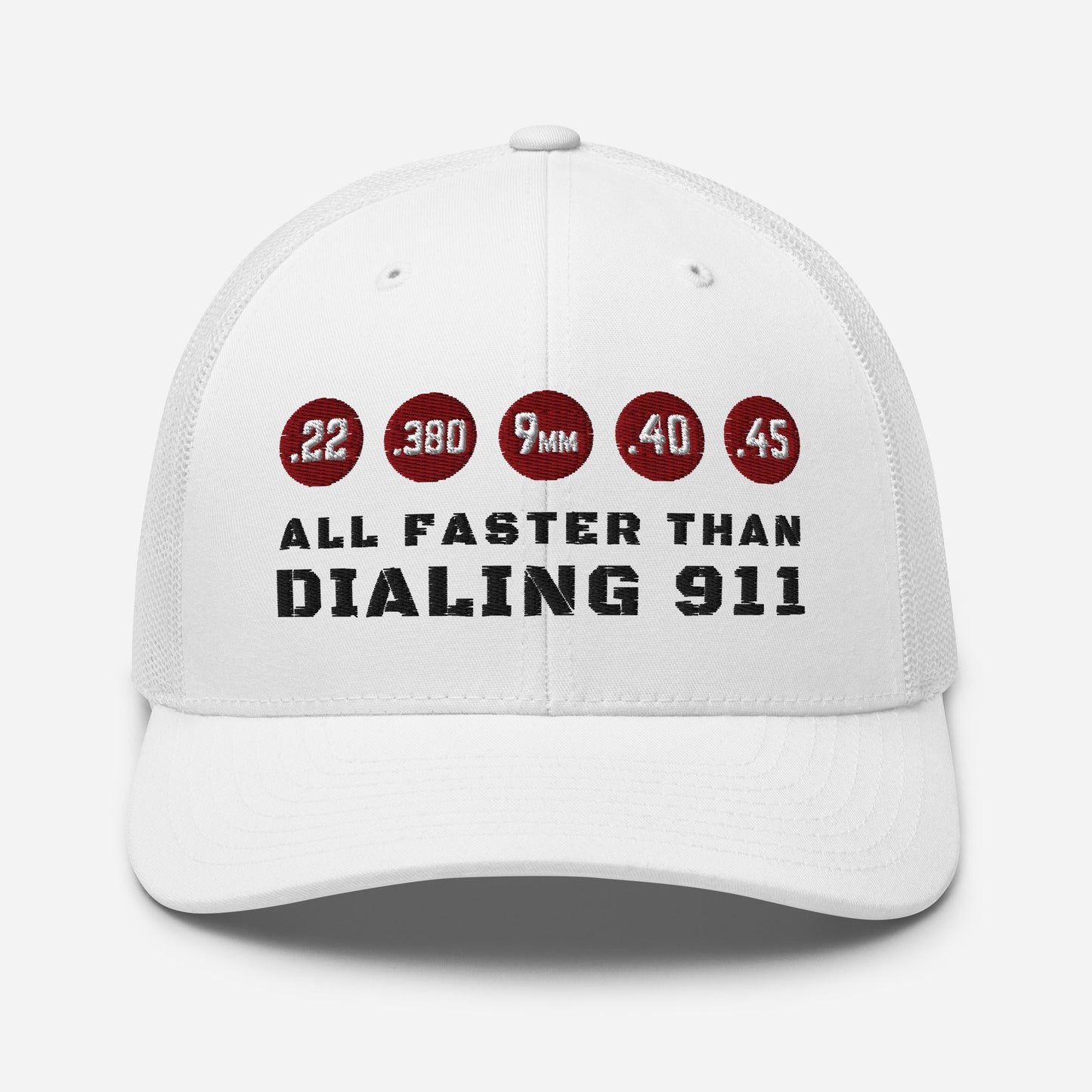 Humorous Snapback Trucker Cap - "All Faster Than Dialing 911"