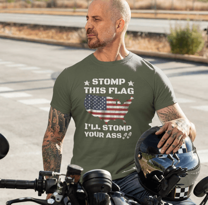 Stomp My Flag I'll Stomp Your Ass, Patriotic T-Shirt, 4th of July Top, America Pride T-Shirt, Red White Blue Tees - SKULLFURY MERCH