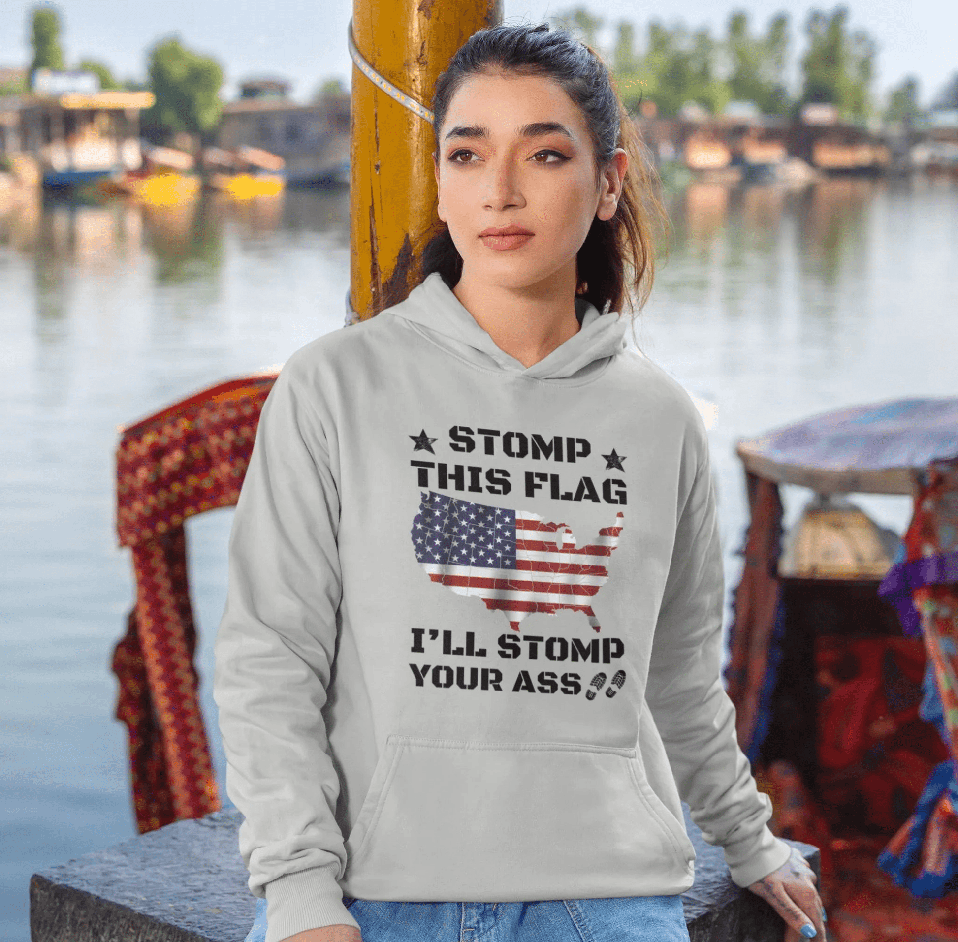 Stomp My Flag I'll Stomp Your Ass Unisex Hoodie, Bold Sweatshirt, Patriotic Gifts, USA Flag Hoodie - SKULLFURY MERCH