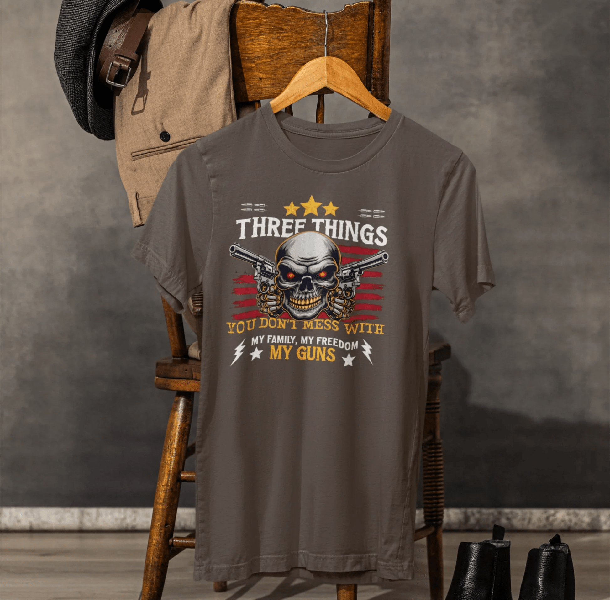 Three Things You Don't Mess With Unisex T-Shirt, My Family, My Freedom, My Guns Tee, Patriotic Shirt, USA Apparel - SKULLFURY MERCH