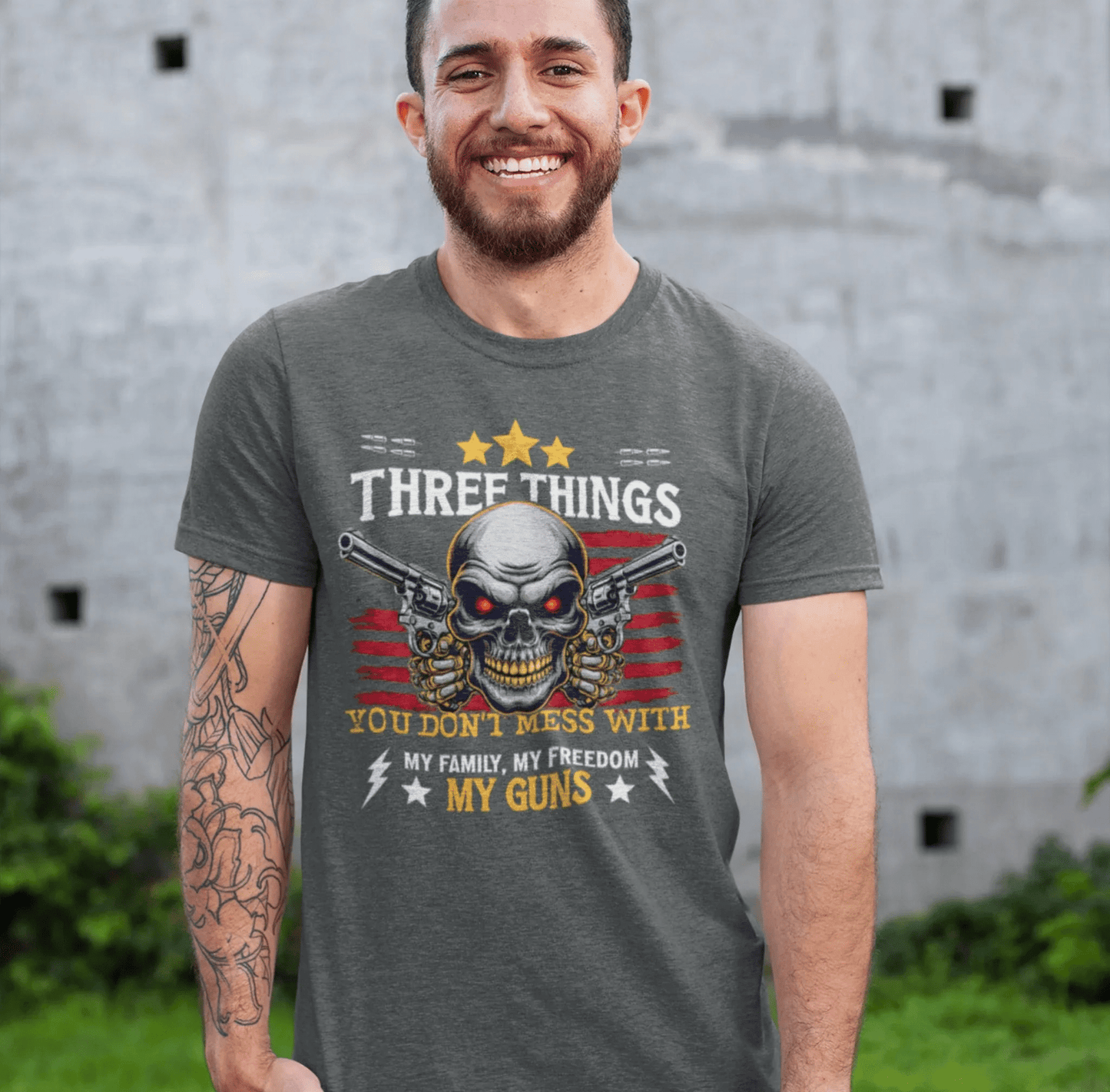 Three Things You Don't Mess With Unisex T-Shirt, My Family, My Freedom, My Guns Tee, Patriotic Shirt, USA Apparel - SKULLFURY MERCH