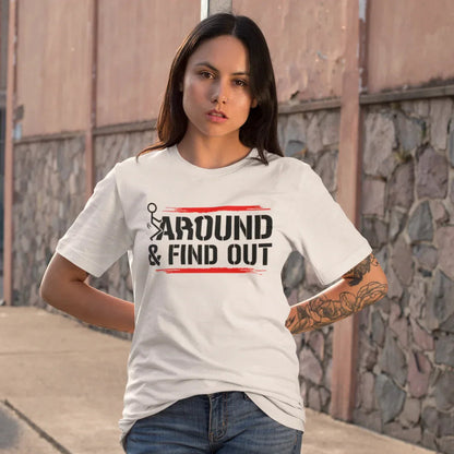 Unisex Short Sleeve Tee with 'F**K AROUND & FIND OUT' Design – Fun Gift Idea, Casual Wear, Everyday Shirt, Trendy Graphic Tee, Novelty Shirt - SKULLFURY MERCH