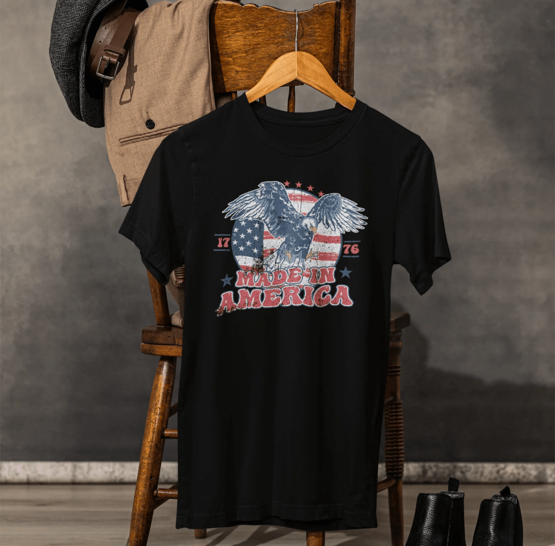 Vintage American Eagle Tee, "Made In America" Patriotic Shirt, Eagle and Flag Design, USA Tee - SKULLFURY MERCH