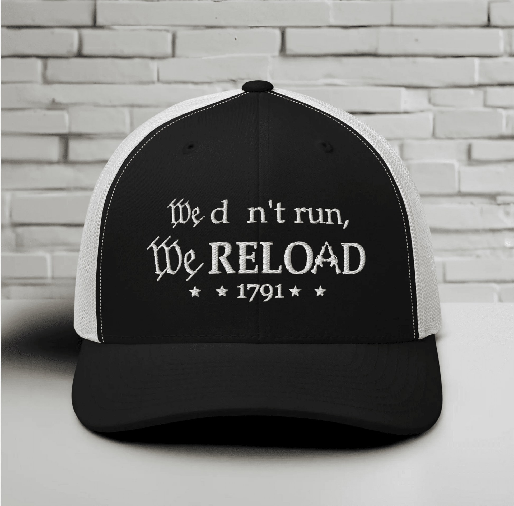 We Don't Run, We Reload Snapback Trucker Cap - Fun Outdoor Hat - SKULLFURY MERCH