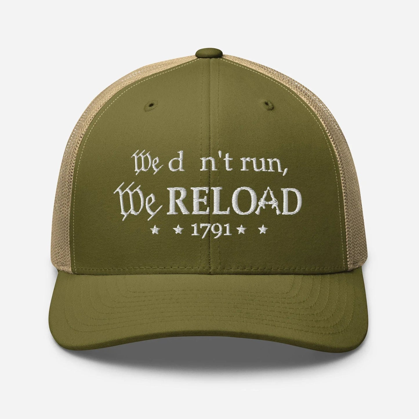 We Don't Run, We Reload Snapback Trucker Cap - Fun Outdoor Hat - SKULLFURY MERCH
