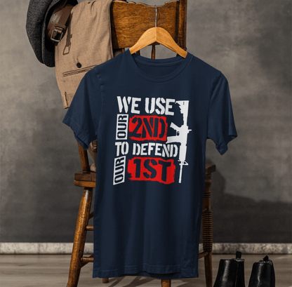 We Use Our 2nd to Defend Our 1st Unisex T-Shirt, Patriotic Short Sleeve Tee, Gun Rights Shirt, Second Amendment Gift, Men's Tee - SKULLFURY MERCH