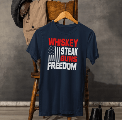 Whiskey, Steak, Guns & Freedom Patriotic Unisex T-Shirt, American Flag, Freedom Tee, USA gift - SKULLFURY MERCH
