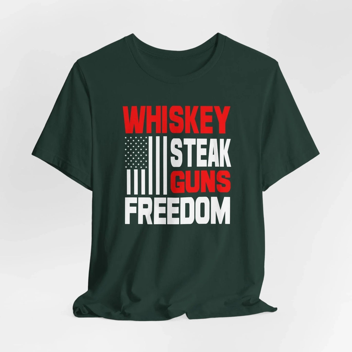 Whiskey, Steak, Guns & Freedom Patriotic Unisex T-Shirt, American Flag, Freedom Tee, USA gift - SKULLFURY MERCH