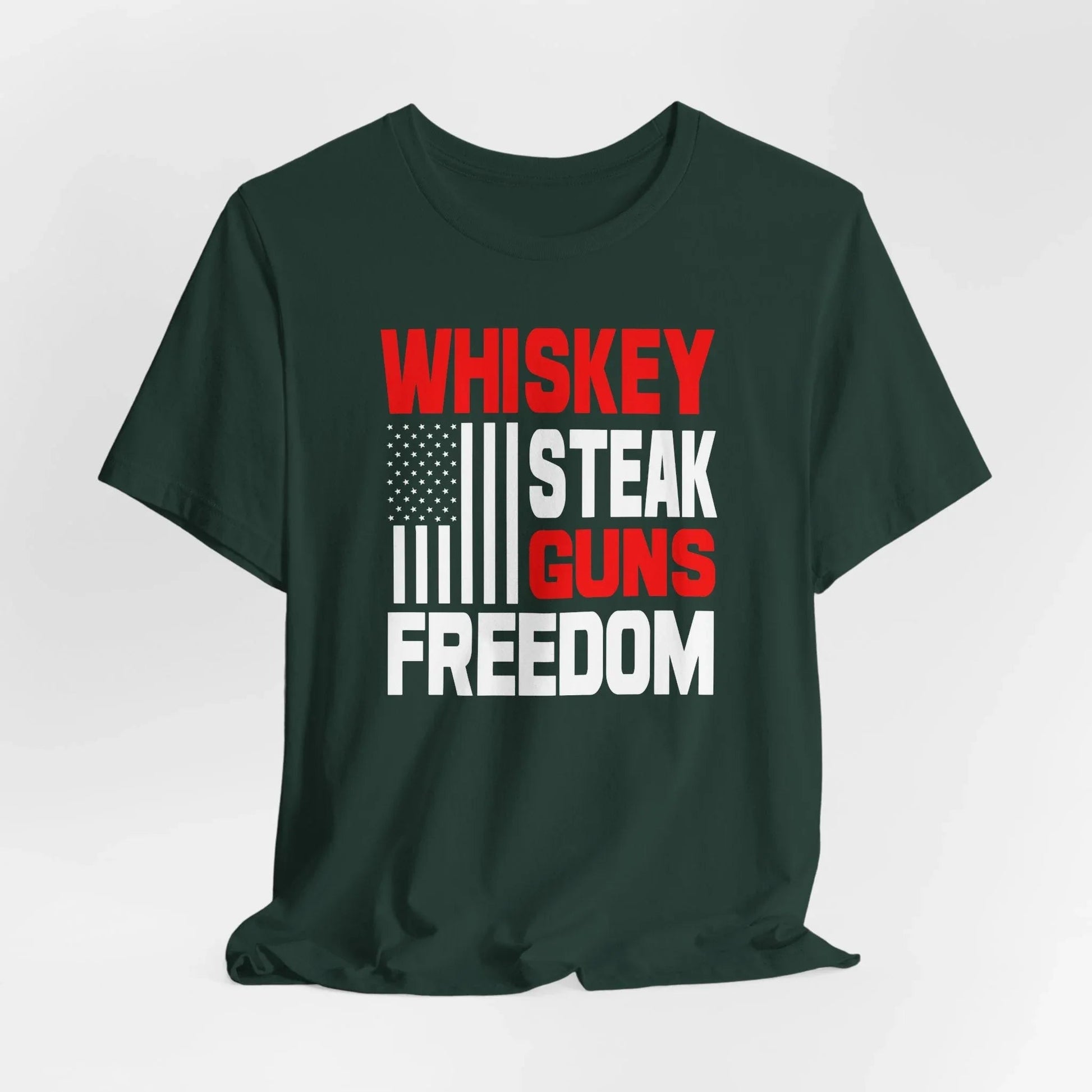 Whiskey, Steak, Guns & Freedom Patriotic Unisex T-Shirt, American Flag, Freedom Tee, USA gift - SKULLFURY MERCH