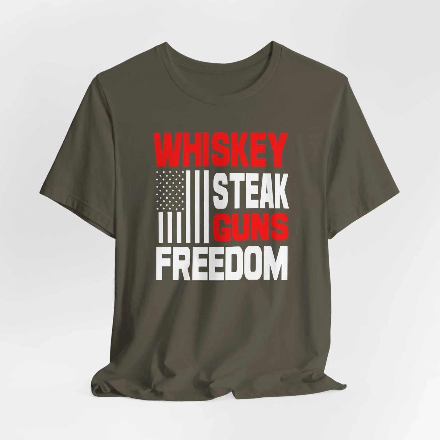 Whiskey, Steak, Guns & Freedom Patriotic Unisex T-Shirt, American Flag, Freedom Tee, USA gift - SKULLFURY MERCH