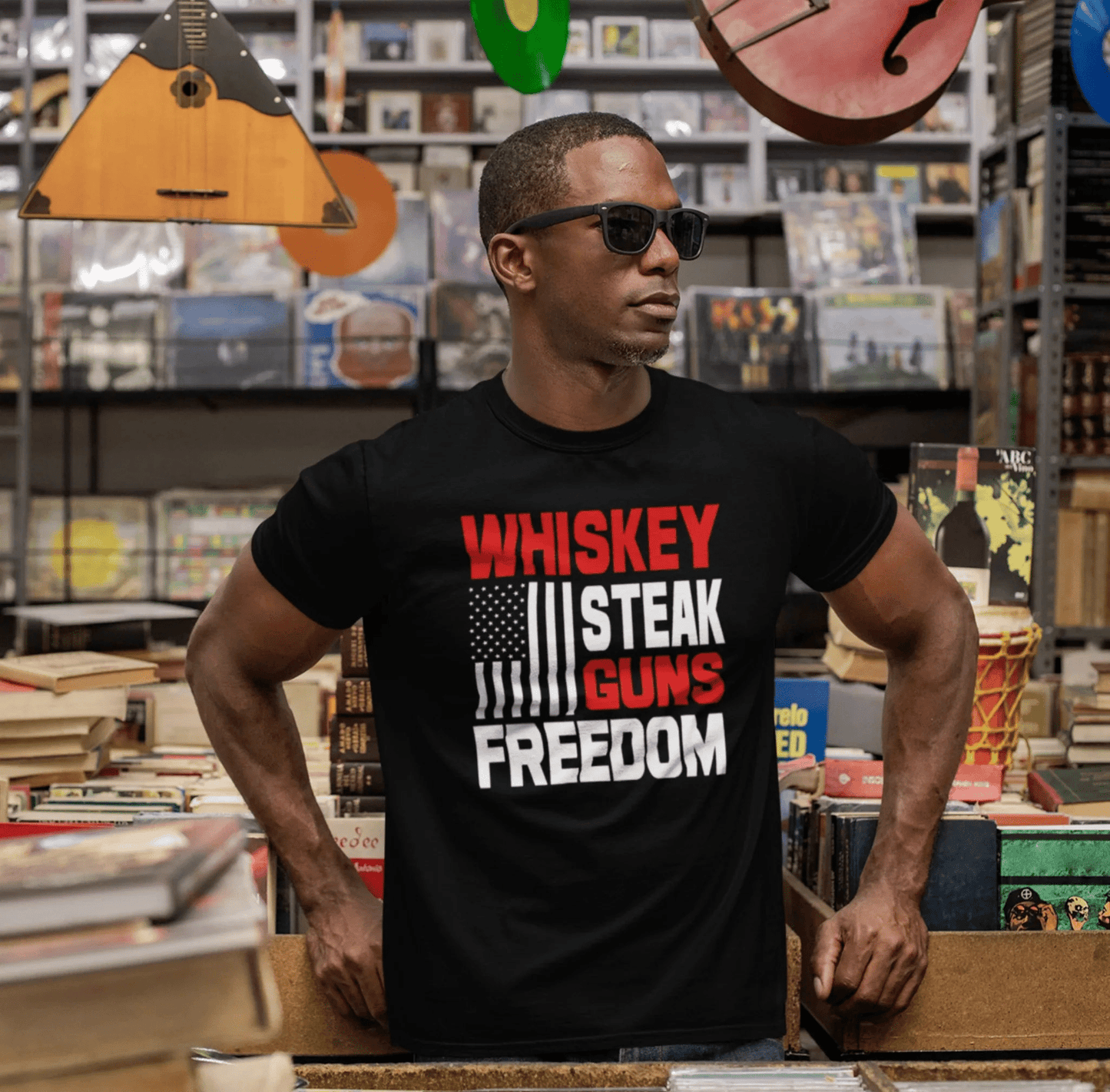 Whiskey, Steak, Guns & Freedom Patriotic Unisex T-Shirt, American Flag, Freedom Tee, USA gift - SKULLFURY MERCH