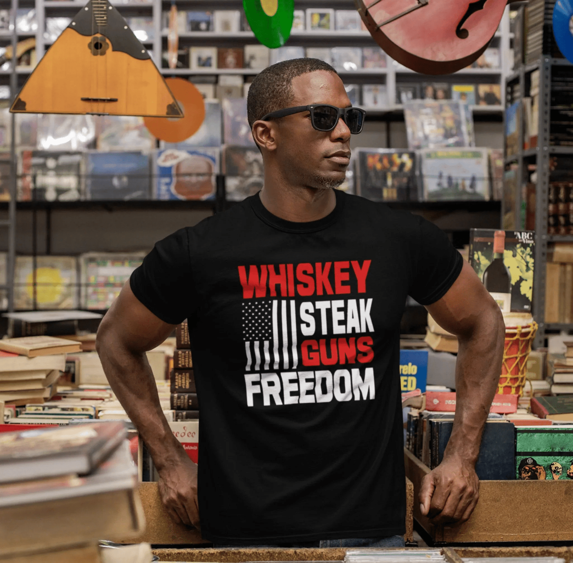 Whiskey, Steak, Guns & Freedom Patriotic Unisex T-Shirt, American Flag, Freedom Tee, USA gift - SKULLFURY MERCH